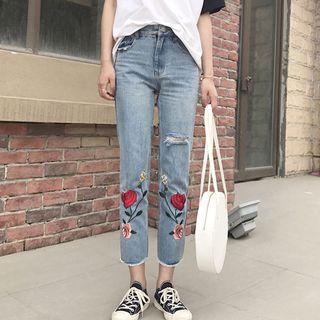 Floral Embroidered Cropped Straight Cut Jeans