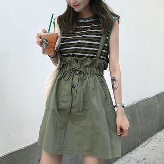 Striped Sleeveless T-shirt / Suspender A-line Skirt