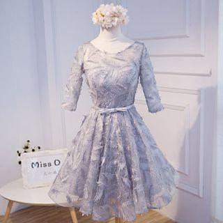 Feather Embroidered Elbow-sleeve Cocktail Dress