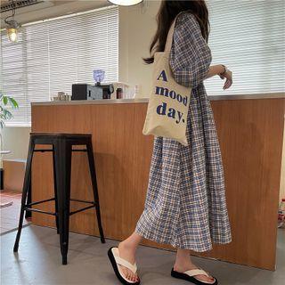 Puff-sleeve Plaid Midi A-line Dress Midi Dress - Plaid - Blue & White - One Size