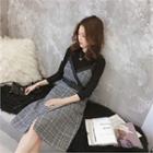 Set: Glen-plaid Pinafore Dress + Knit Top + Belt