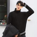 Turtle-neck Contrast-trim Cable-knit Sweater
