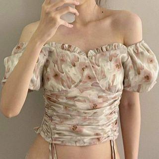 Short-sleeve Floral Print Blouse Floral - Pink - One Size