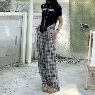 Plaid Wide Leg Pants / Short-sleeve Lettering T-shirt