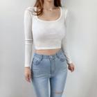 Long Sleeve Plain Square-neck Cropped Top