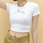 Dolphin-embroidered Crop T-shirt