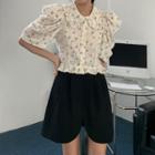 Short-sleeve Floral Print Blouse Floral - Light Purple & White - One Size