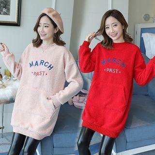 Letter Embroidered Faux Shearling Long-sleeve Dress