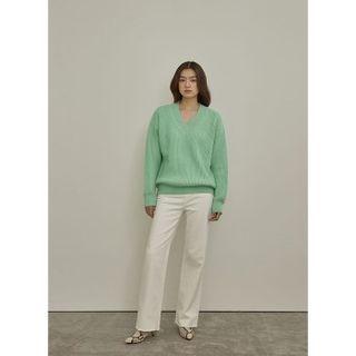 V-neck Woolen Sweater Mint Green - One Size