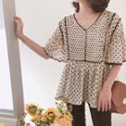V-neck Dotted Blouse Beige - One Size