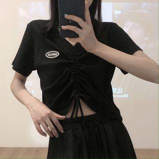 V-neck Drawstring Cropped Top / Ruffle Trim Mini Skirt
