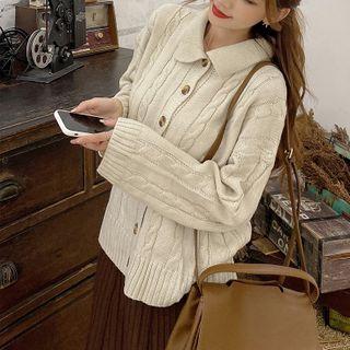 Collared Cable-knit Cardigan / Midi A-line Skirt / Set
