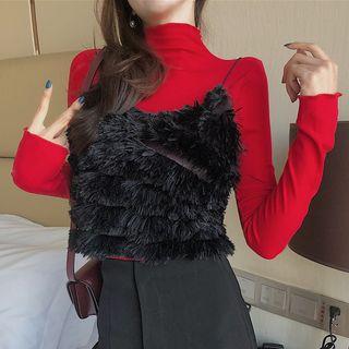 Long-sleeve Mock-neck Top / Fringed Crop Cami Top