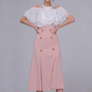 Set: Cold-shoulder Ruffled Blouse + Midi A-line Skirt