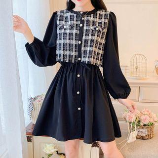 Plain Panel Long-sleeve A-line Dress