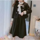 Set: Bow Accent Double-breasted Jacket + A-line Skirt