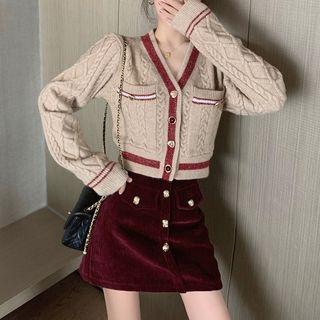 Contrast Trim Cable Knit Long-sleeve Cardigan / High-waist Pocket-detail Mini Skirt