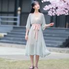 Set: Slipdress + Flower Print Elbow-sleeve Chiffon Midi Dress