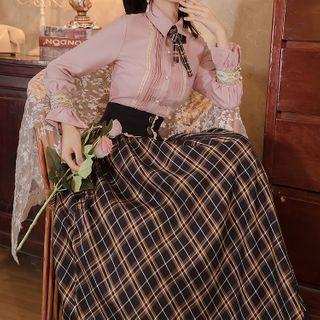 Set: Tie-neck Shirt + Plaid Midi Skirt