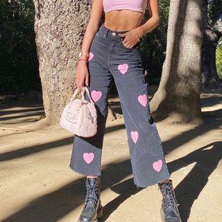 Heart Print Wide Leg Jeans