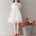 Set: Floral Short Sleeve Mesh Dress + Plain Slipdress