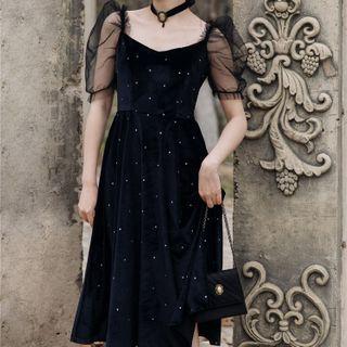 Short-sleeve Mesh Dotted A-line Midi Dress