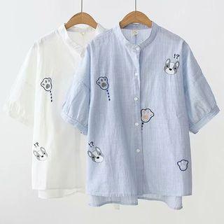Short-sleeve Dog Embroidered Blouse