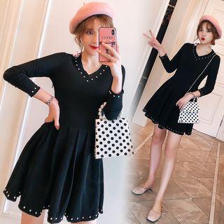 Beaded Long-sleeve A-line Dress