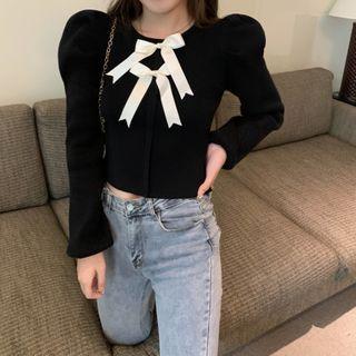 Crewneck Striped Bow Knit Top