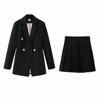 Double-breasted Blazer / Mini Accordion Pleated Skirt