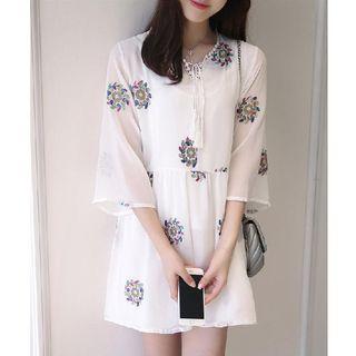 Bell Sleeve Embroidered A-line Dress