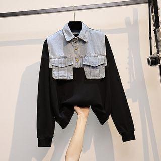 Collared Denim Panel Sweatshirt