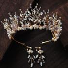 Wedding Set: Faux Pearl Branches Tiara + Fringed Earring Tiara & 1 Pair - Clip On Earring - One Size