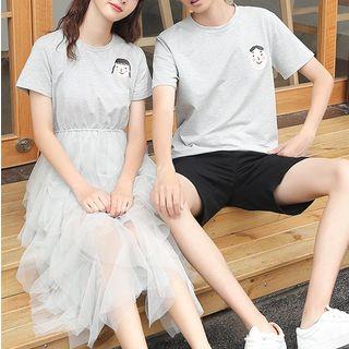 Couple Matching Printed Mesh Panel Short-sleeve A-line Dress / Short-sleeve T-shirt