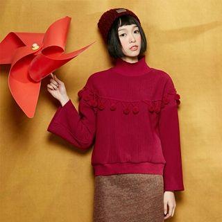 Flare-sleeve Mock-neck Pompom-accent Pullover