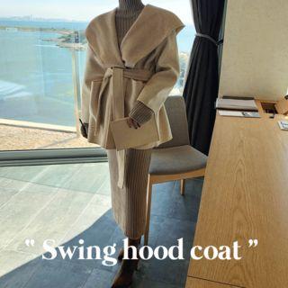 Swing-hood Short Coat With Sash