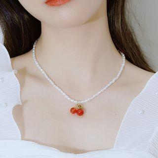 Cherry Pendant Faux Pearl Necklace Red - One Size