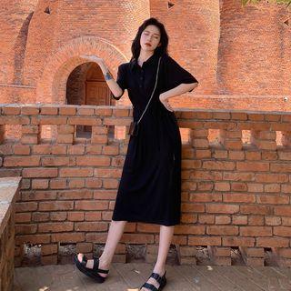 Plain Lace Up Short-sleeve Polo Shirt Midi Dress