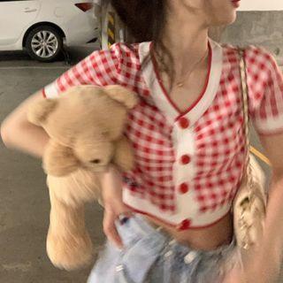 Short-sleeve Plaid Knit Top Plaid - Red & White - One Size
