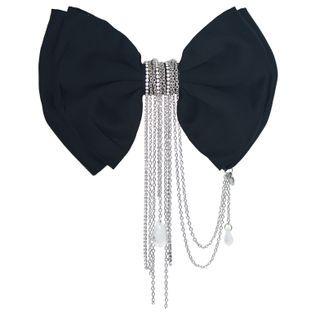 Bow Fabric Rhinestone Chained Hair Clip Black - One Size