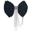 Bow Fabric Rhinestone Chained Hair Clip Black - One Size