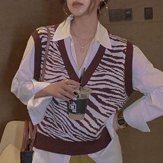 Zebra Print Knit Vest / Long-sleeve Shirt