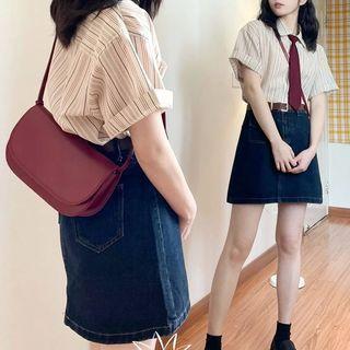 Striped Shirt With Necktie / Denim Mini A-line Skirt / Set