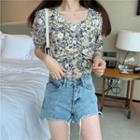 Ruched Puff Short-sleeve Floral Print Blouse