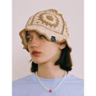 Flower-pattern Crochet Bucket Hat Beige - One Size