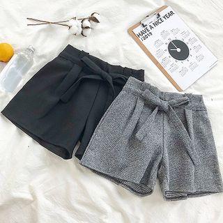 Plain Ribbon Lace-up Woolen High-waist Shorts