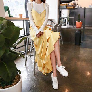 Spaghetti-strap Diagonal Ruffle-hem Maxi Dress