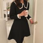 Contrast Trim Long-sleeve A-line Dress Black - One Size