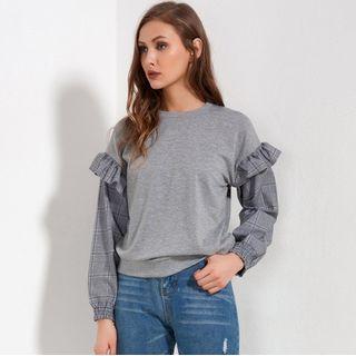Ruffle Plaid Panel Long-sleeve T-shirt