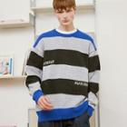 [r:lol] Couple Letter-embroidered Stripe Knit Top Melange Gray - One Size